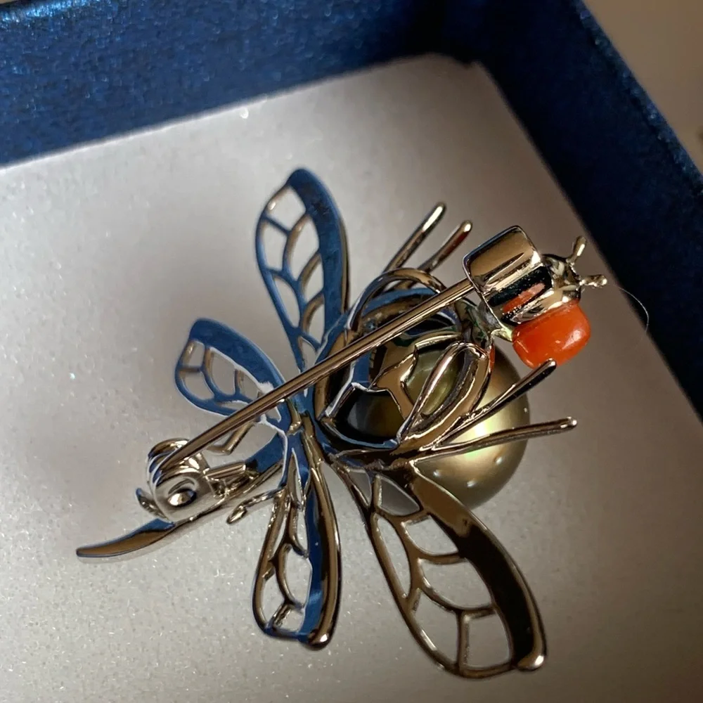 Tahitian Pearl & Red Jade Dragonfly Pendant/Brooch